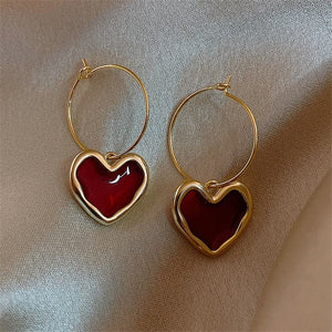Burgundy Sweet Dangle Heart Earrings
