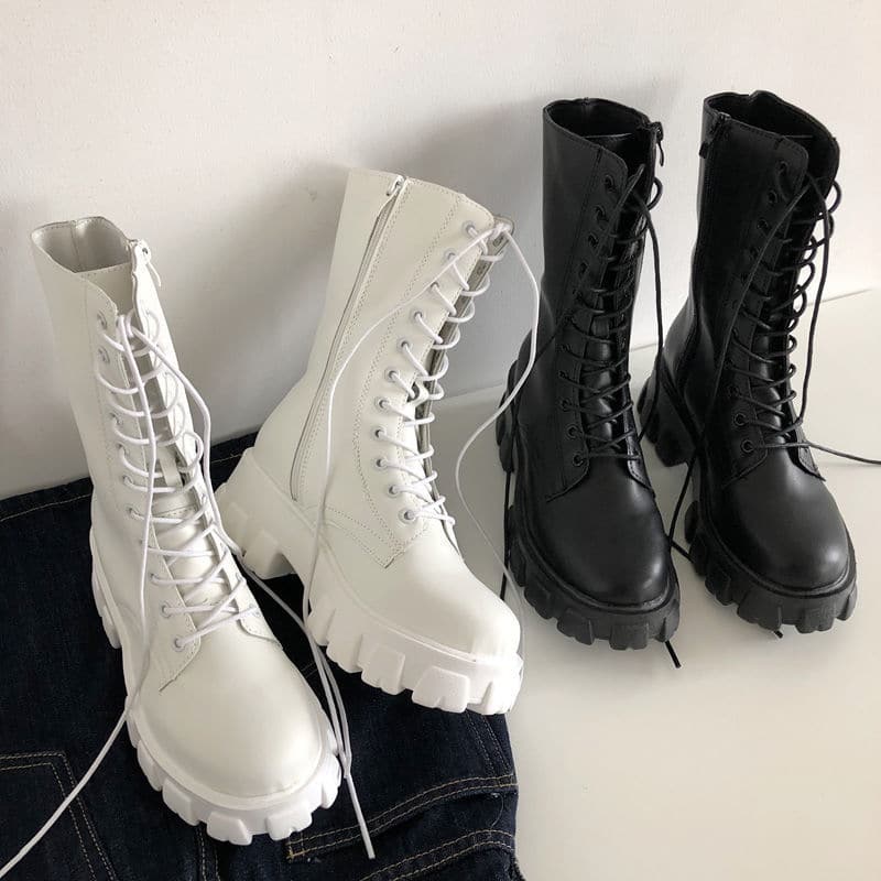 Mid-Calf Chunky Lace-Up Platform Boots