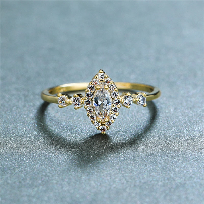 Luxury Female White Crystal Stone Ring Yellow Gold Thin Wedding Rings For Women Vintage Bridal Leaf Engagement Ring