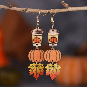 Autumn Thanksgiving Pumpkin Maple Leaf Coffee Cup Earrings