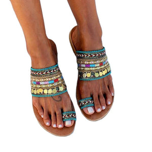 Summer Greek Style Boho Folk-Custom Artisanal  Ladies Flat Slippers