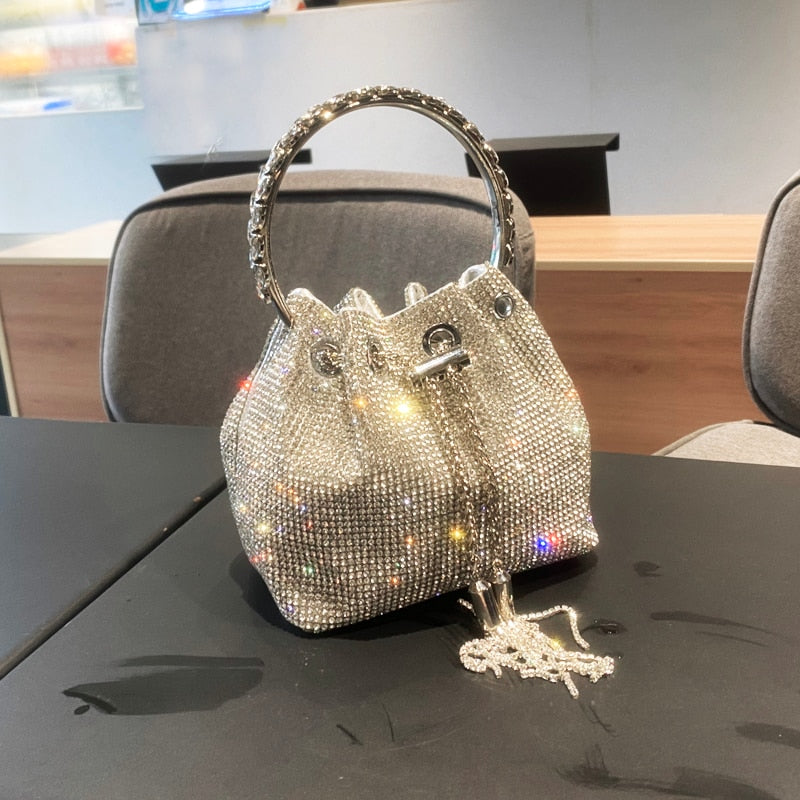 Crystal Embellished Mesh Chain Strap Bucket Bag