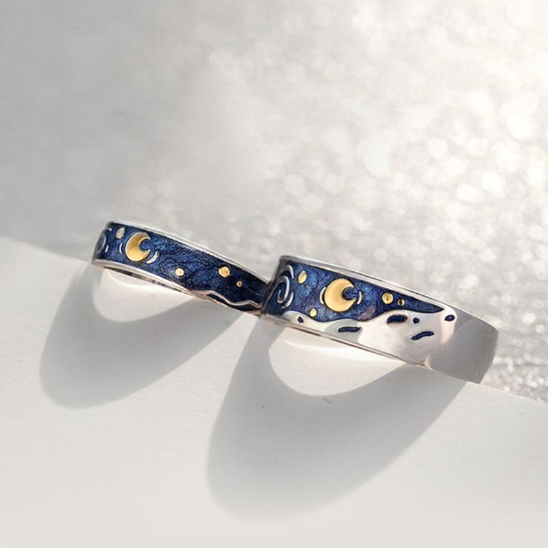 S925 Van Gogh Starry Sky Open Lover Rings Band Romantic Couple