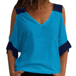Women's Patchwork Cold Shoulder Off T-shirt Tops V-Neck Half Sleeve