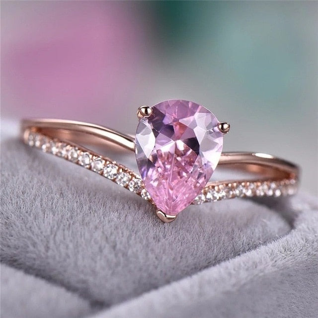Pink Crystal Water Drop Ring
